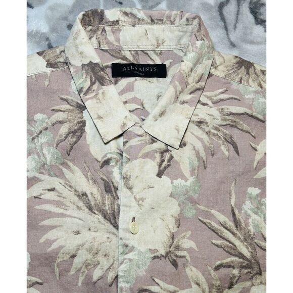 AllSaints Men's Small Short Sleeve Floral Linen Blend Button Up Laysan Shirt - Picture 5 of 11